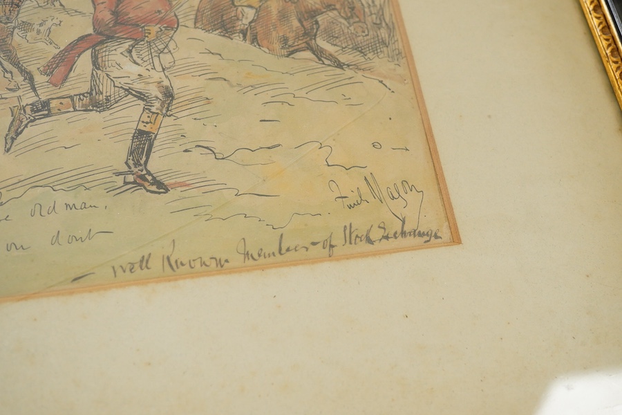 George Finch Mason (1850-1915), ‘Hallo, who’s the cornered bull now?’ and one other, each signed and inscribed in ink, pair of ink and watercolours, 15 x 22cm